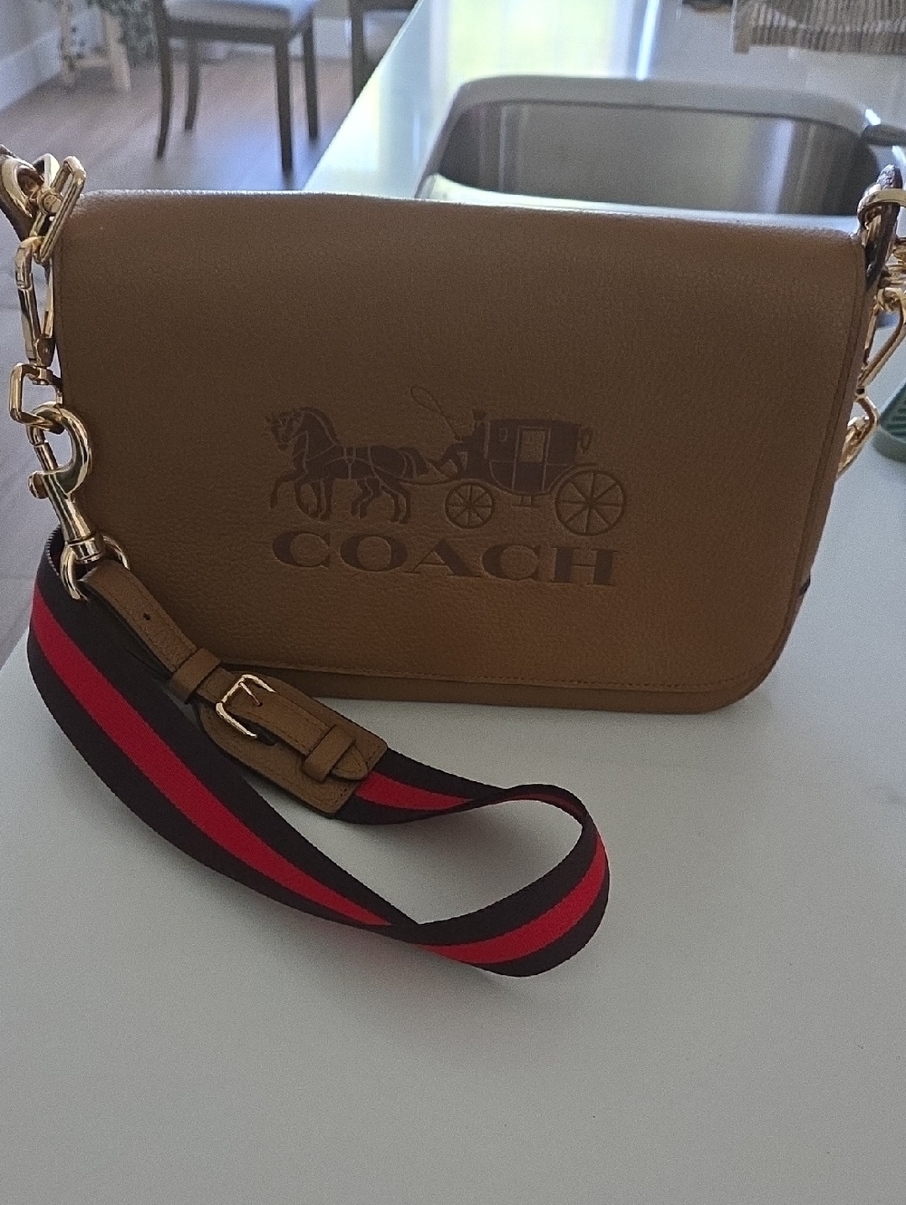 COACH Tan Leather Crossbody with Red & Brown Stripe Strap
